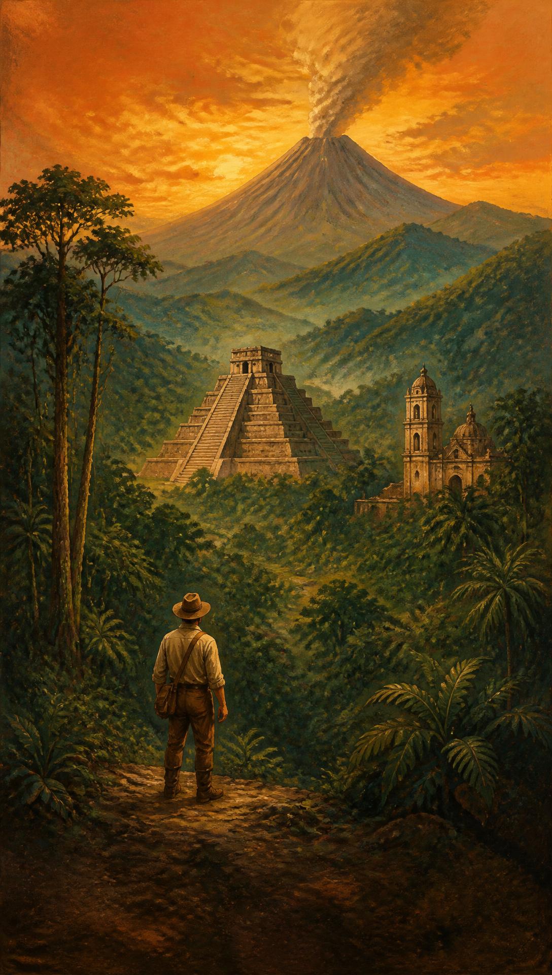 Painted cover illustration: an American traveller looks out over a Coronado valley with an erupting volcano, a stone pyramid and a colonial cathedral