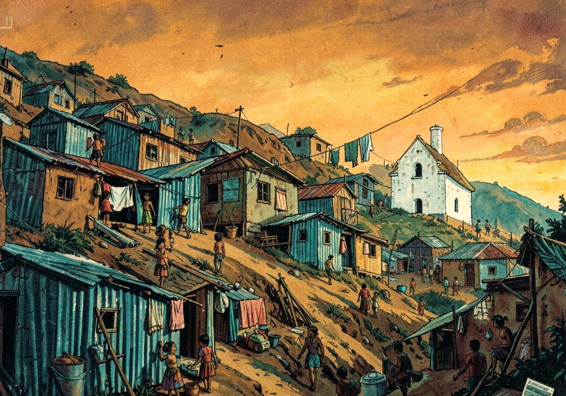 Painted illustration of a hillside barrio of tin shacks with a small white chapel at dusk
