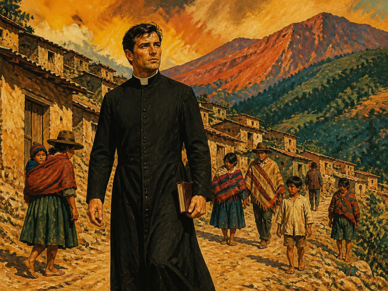 Painted illustration of a young priest walking a dirt road through a mountain barrio at sunset