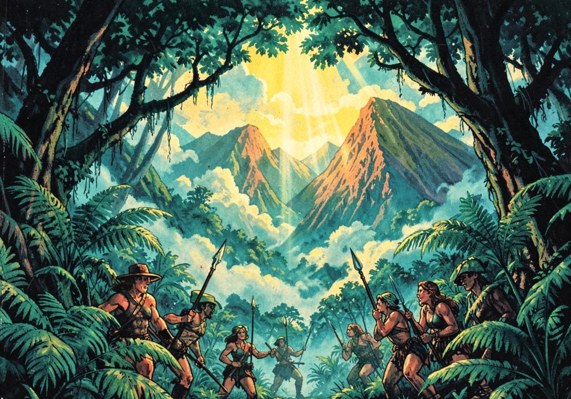 Painted illustration of spear-carrying warriors in a misty cloud-forest valley